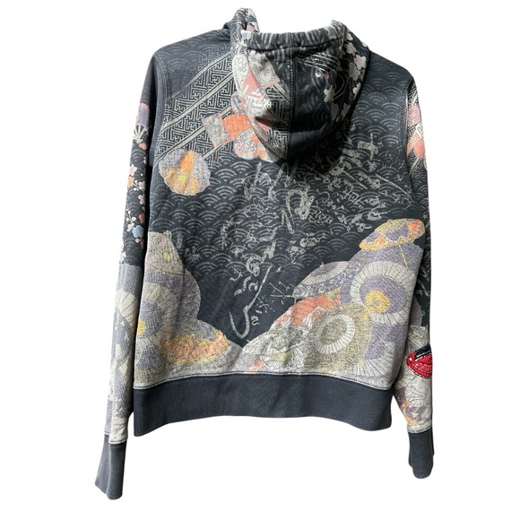 Y2K Rare Vintage Lucky Brand Asian Art Geisha Zip Up Hoodie Embroidered EUC Lg - Picture 2 of 16